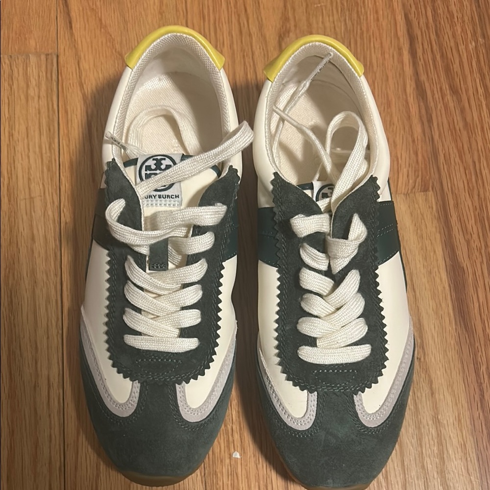 Tory Burch Cream and Dark Green Lace-Up Sneakers